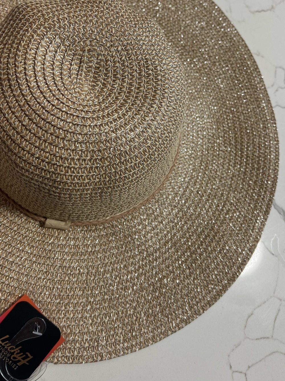 Straw Sun Hat with Metallic Weave - Beige -Sparkly Floppy Hat